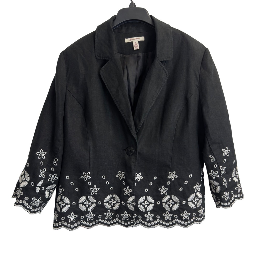 JM Collection Black Linen Eyelet Embroidered Blazer Jacket Women Size 14 Floral